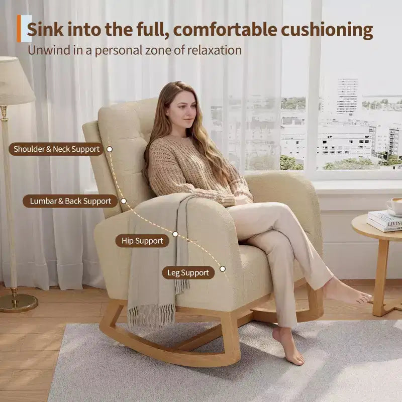 Nursery Rocking Chair with Adjustable Footrest, Linen High Back Glider Rocking Chair with Wooden Legs for Living Room, Bedroom & Nursery