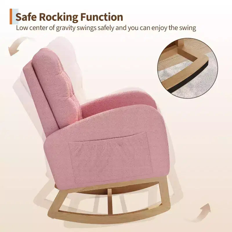 Nursery Rocking Chair with Adjustable Footrest, Linen High Back Glider Rocking Chair with Wooden Legs for Living Room, Bedroom & Nursery
