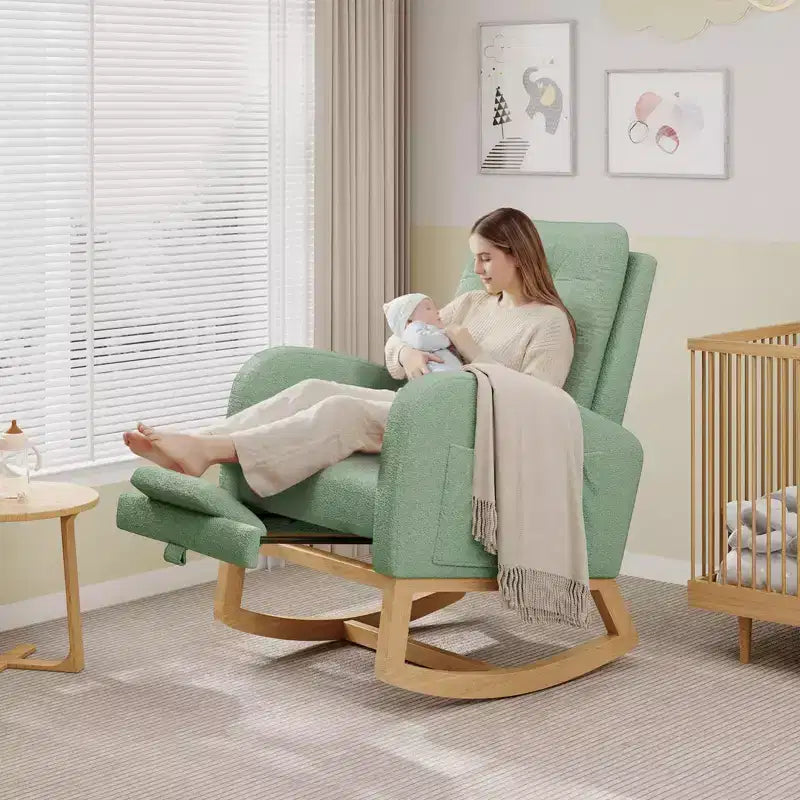 Nursery Rocking Chair with Adjustable Footrest, Linen High Back Glider Rocking Chair with Wooden Legs for Living Room, Bedroom & Nursery