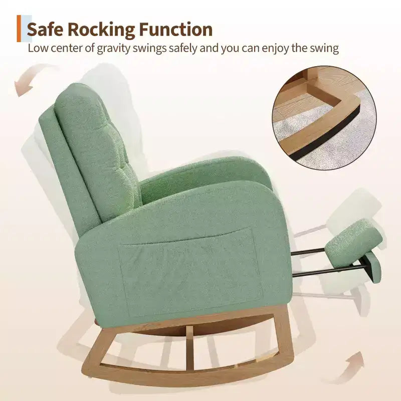Nursery Rocking Chair with Adjustable Footrest, Linen High Back Glider Rocking Chair with Wooden Legs for Living Room, Bedroom & Nursery