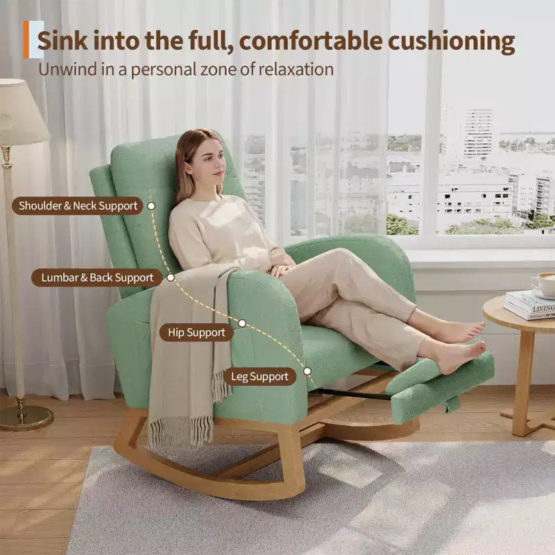 Nursery Rocking Chair with Adjustable Footrest, Linen High Back Glider Rocking Chair with Wooden Legs for Living Room, Bedroom & Nursery