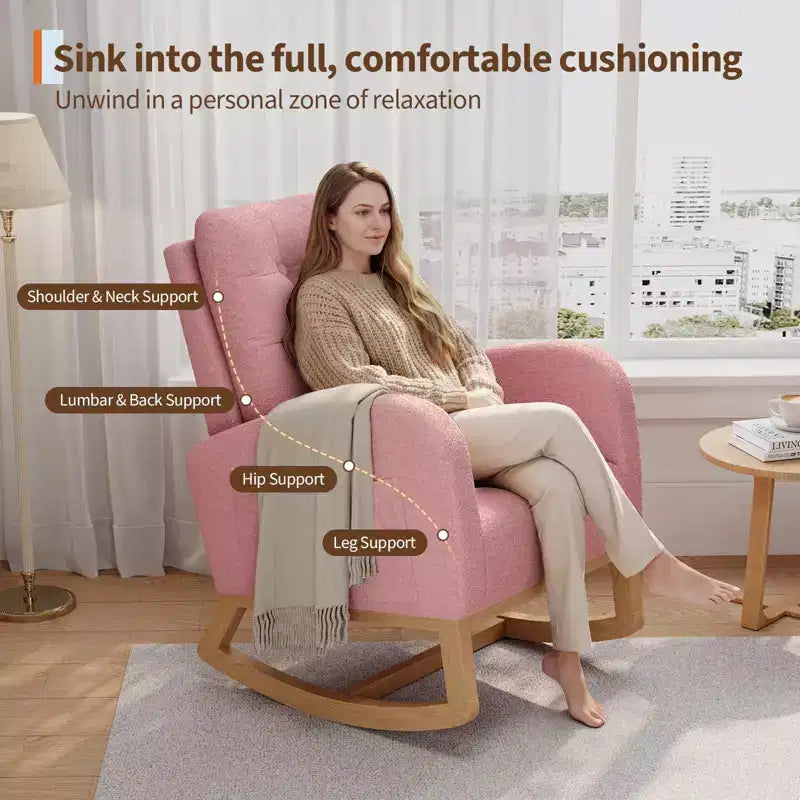 Nursery Rocking Chair with Adjustable Footrest, Linen High Back Glider Rocking Chair with Wooden Legs for Living Room, Bedroom & Nursery
