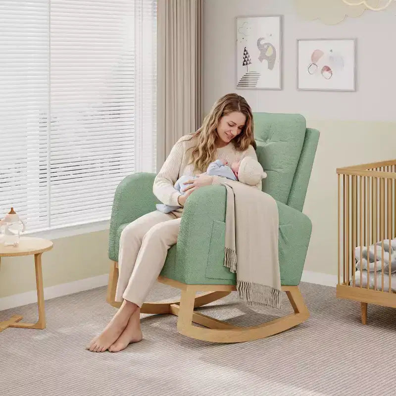 Nursery Rocking Chair with Adjustable Footrest, Linen High Back Glider Rocking Chair with Wooden Legs for Living Room, Bedroom & Nursery
