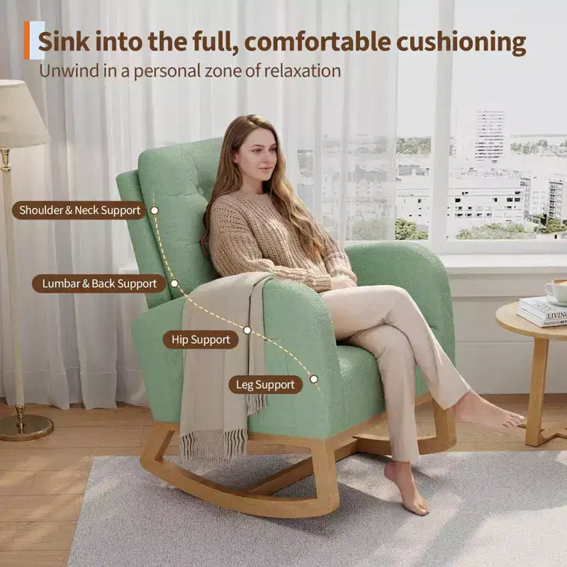 Nursery Rocking Chair with Adjustable Footrest, Linen High Back Glider Rocking Chair with Wooden Legs for Living Room, Bedroom & Nursery