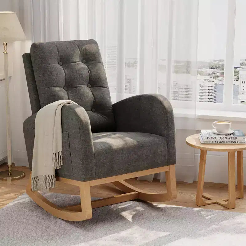 Nursery Rocking Chair with Adjustable Footrest, Linen High Back Glider Rocking Chair with Wooden Legs for Living Room, Bedroom & Nursery