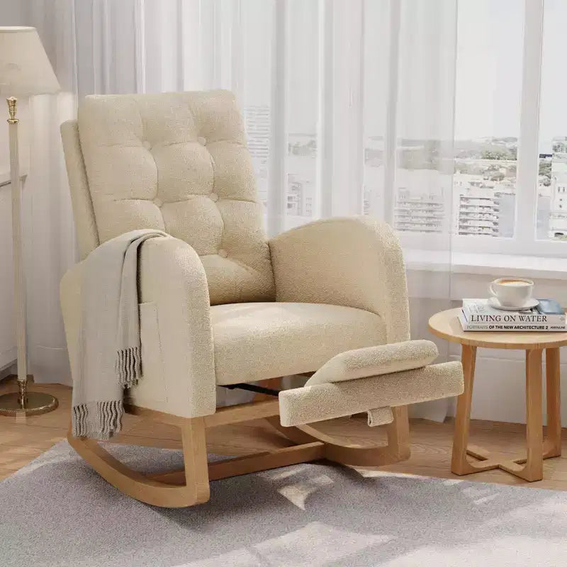 Nursery Rocking Chair with Adjustable Footrest, Linen High Back Glider Rocking Chair with Wooden Legs for Living Room, Bedroom & Nursery