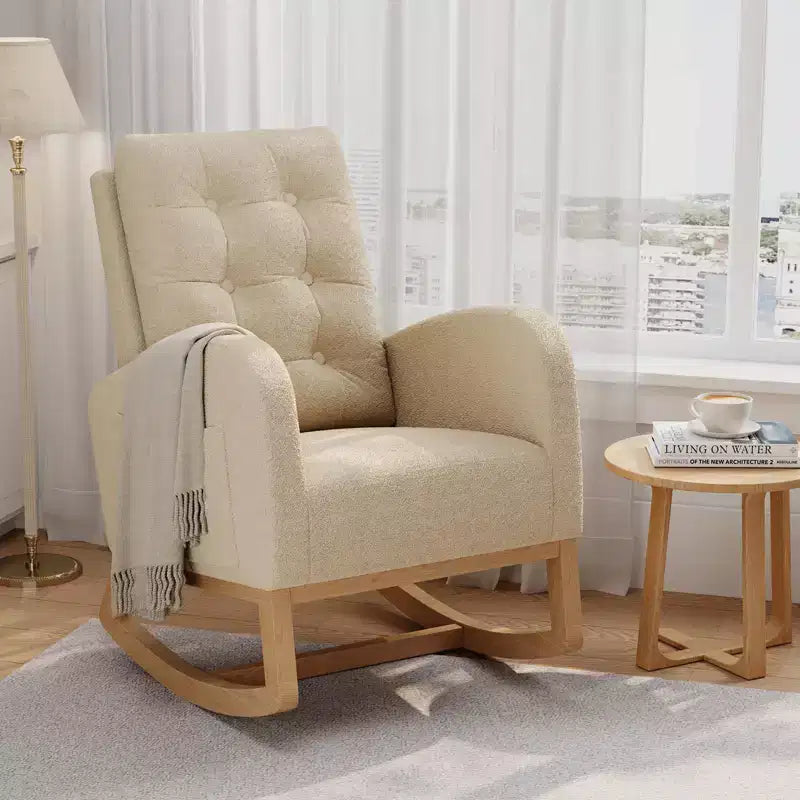Nursery Rocking Chair with Adjustable Footrest, Linen High Back Glider Rocking Chair with Wooden Legs for Living Room, Bedroom & Nursery