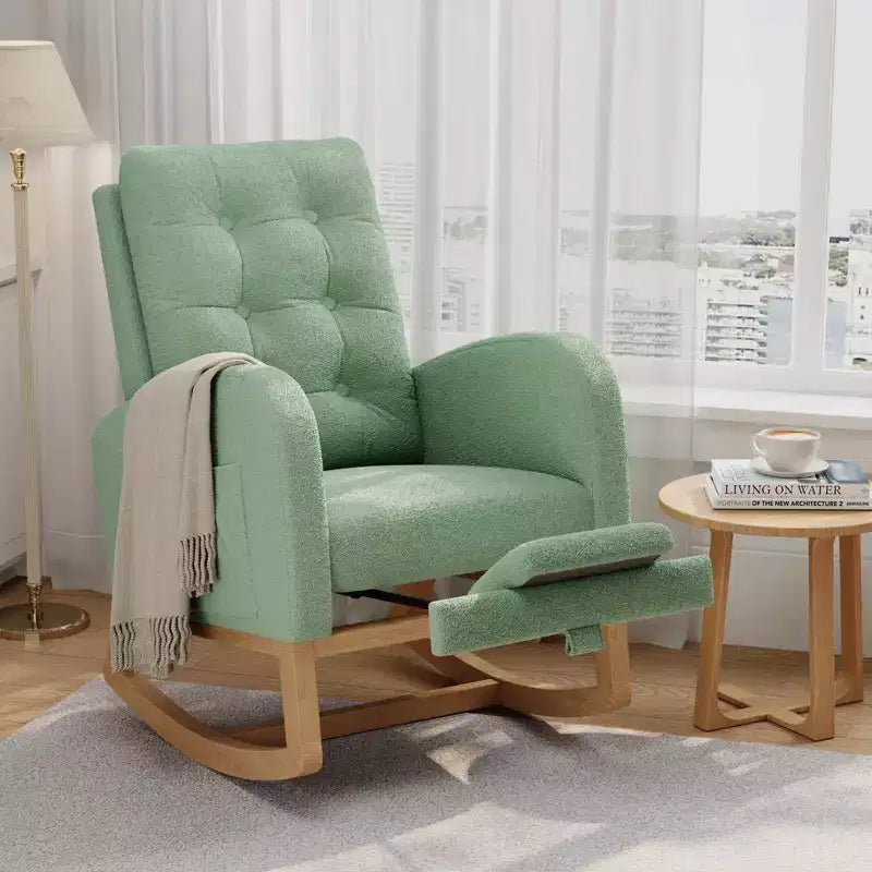 Nursery Rocking Chair with Adjustable Footrest, Linen High Back Glider Rocking Chair with Wooden Legs for Living Room, Bedroom & Nursery