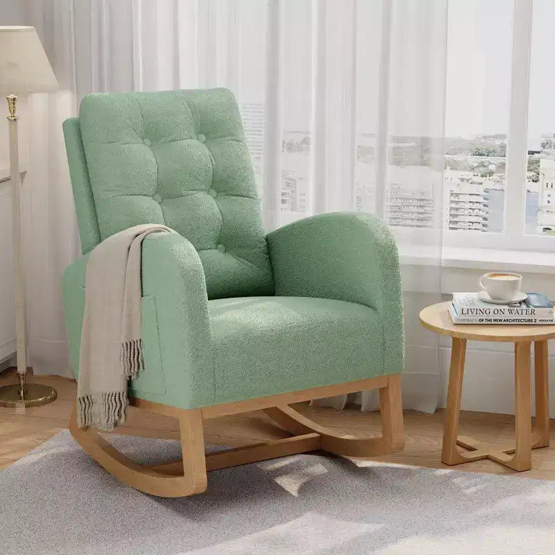 Nursery Rocking Chair with Adjustable Footrest, Linen High Back Glider Rocking Chair with Wooden Legs for Living Room, Bedroom & Nursery