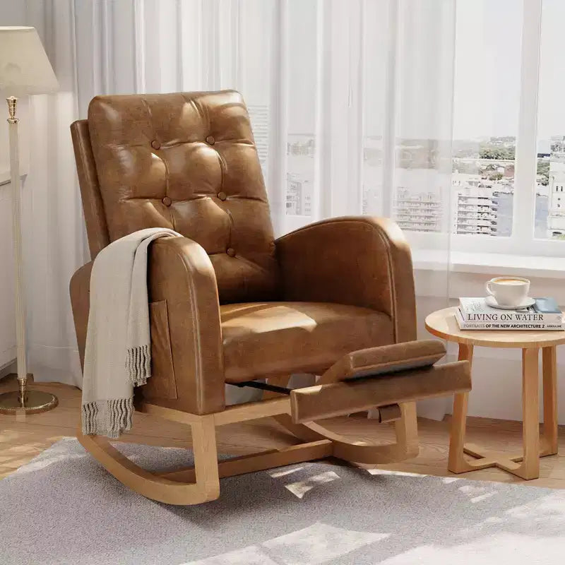 Nursery Rocking Chair with Adjustable Footrest, Linen High Back Glider Rocking Chair with Wooden Legs for Living Room, Bedroom & Nursery