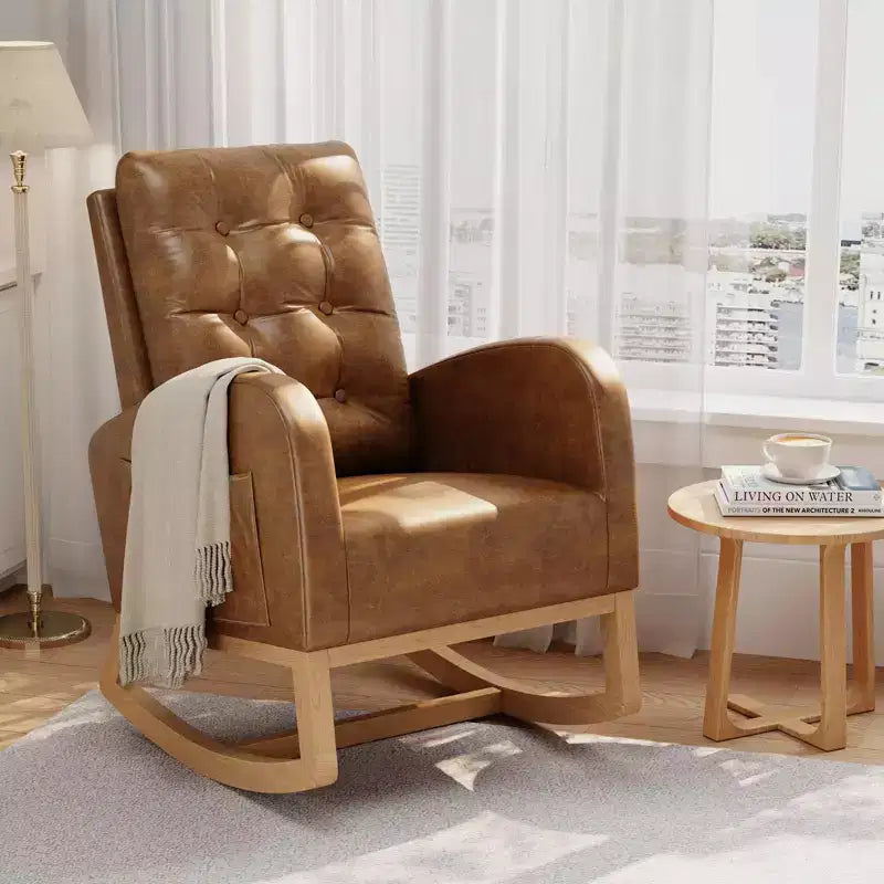 Nursery Rocking Chair with Adjustable Footrest, Linen High Back Glider Rocking Chair with Wooden Legs for Living Room, Bedroom & Nursery