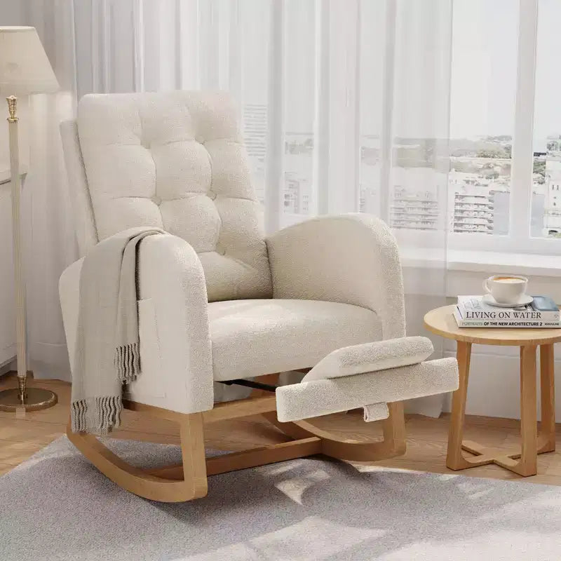Nursery Rocking Chair with Adjustable Footrest, Linen High Back Glider Rocking Chair with Wooden Legs for Living Room, Bedroom & Nursery