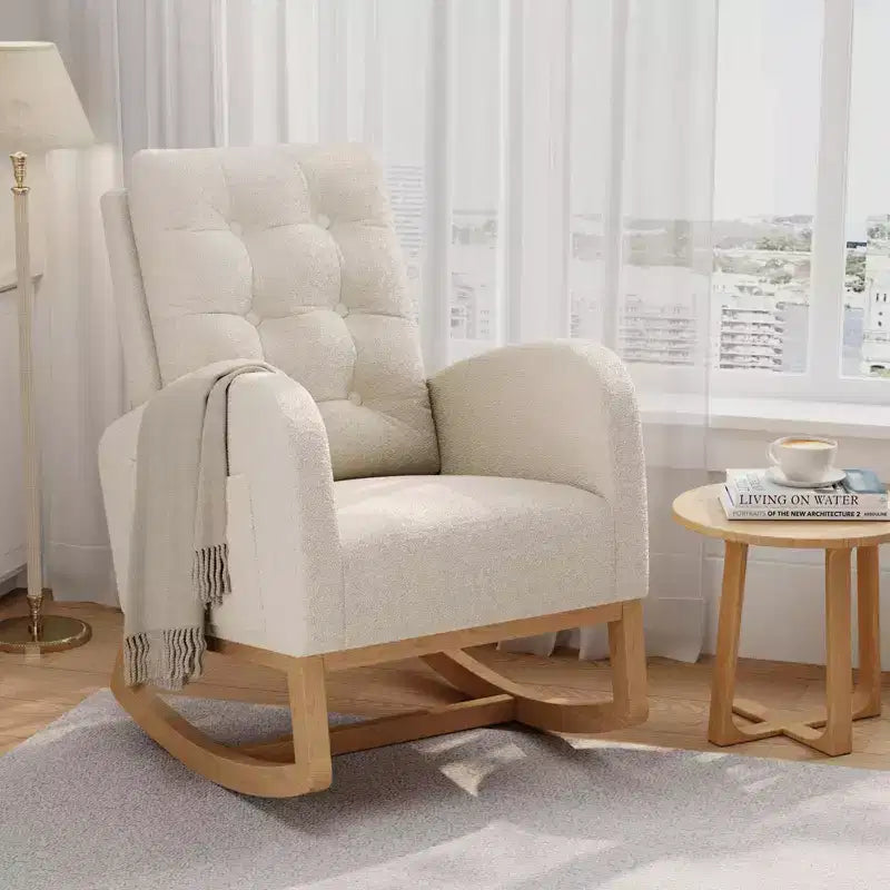 Nursery Rocking Chair with Adjustable Footrest, Linen High Back Glider Rocking Chair with Wooden Legs for Living Room, Bedroom & Nursery