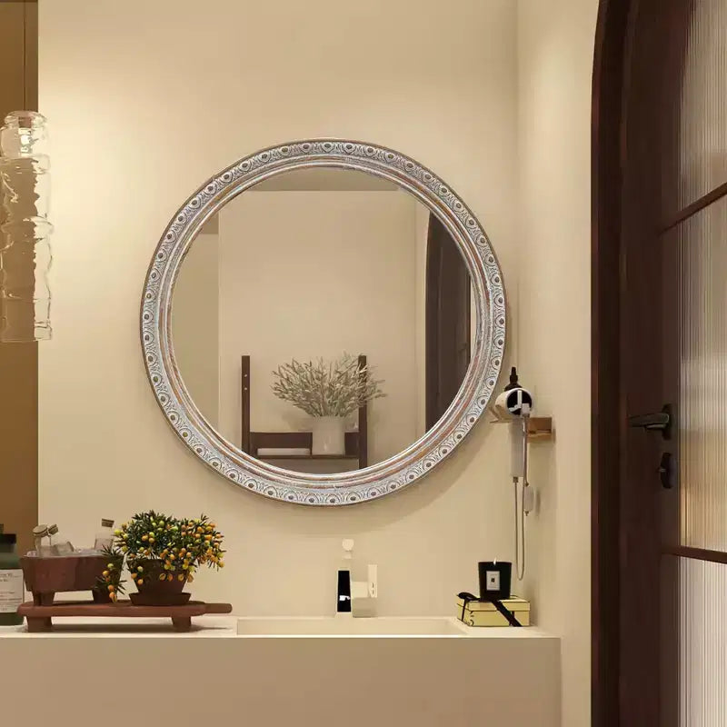 GDFStudio Valemont 23.6 Ornate Round Distressed Frame Wall Mirror