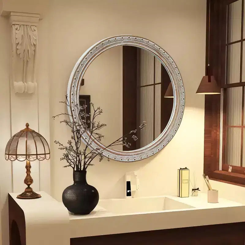 GDFStudio Valemont 23.6 Ornate Round Distressed Frame Wall Mirror