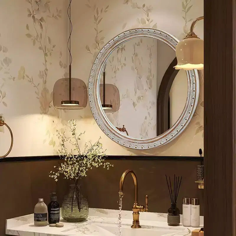 GDFStudio Valemont 23.6 Ornate Round Distressed Frame Wall Mirror