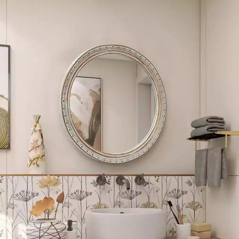 GDFStudio Valemont 23.6 Ornate Round Distressed Frame Wall Mirror