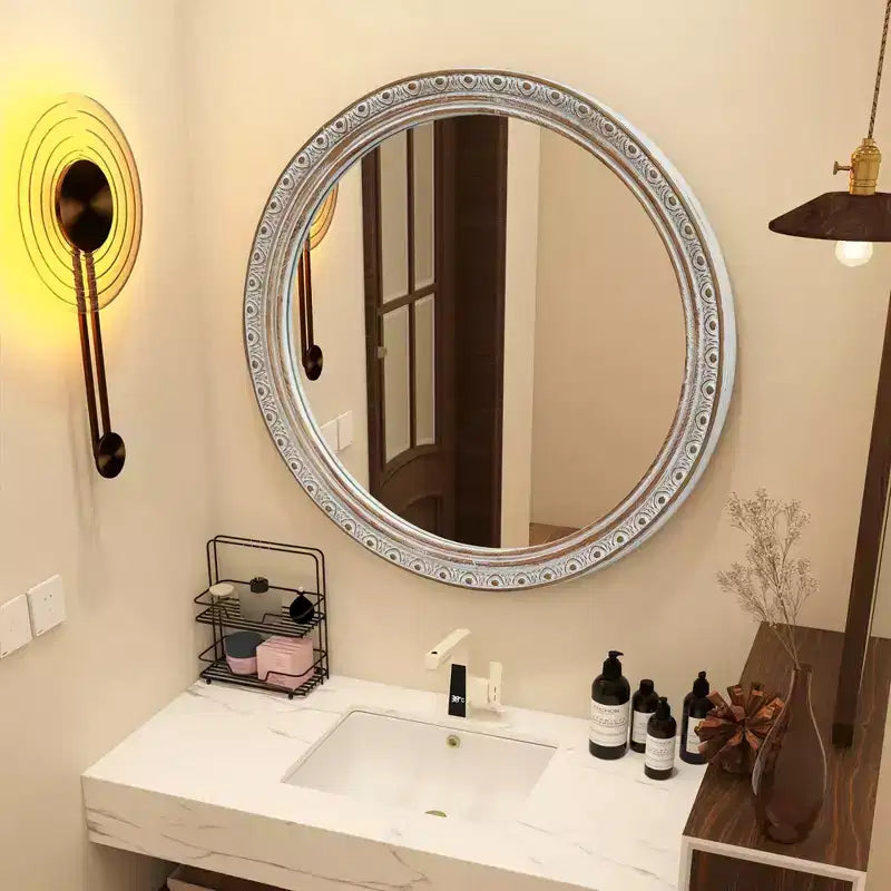 GDFStudio Valemont 23.6 Ornate Round Distressed Frame Wall Mirror