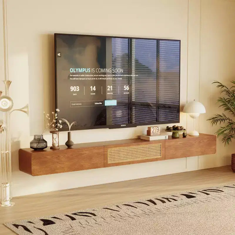 Luck Live Mid-Century Modern 78.74 Inch Floating TV Stand Wall Mounted Media Console with Rattan Door and Drawer