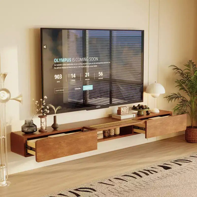 Luck Live Mid-Century Modern 78.74 Inch Floating TV Stand Wall Mounted Media Console with Rattan Door and Drawer