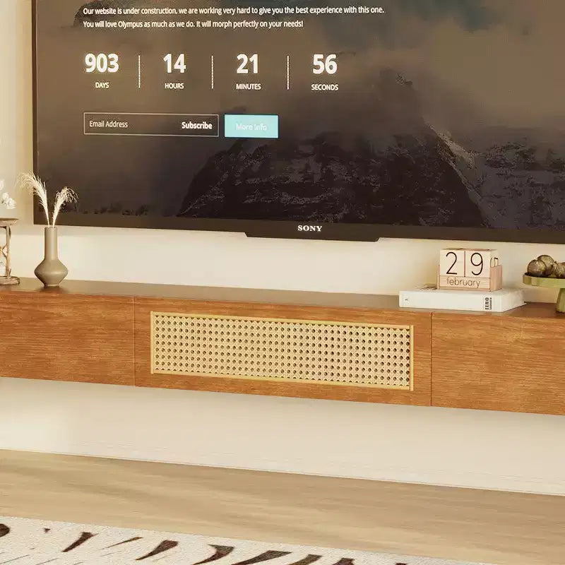 Luck Live Mid-Century Modern 78.74 Inch Floating TV Stand Wall Mounted Media Console with Rattan Door and Drawer