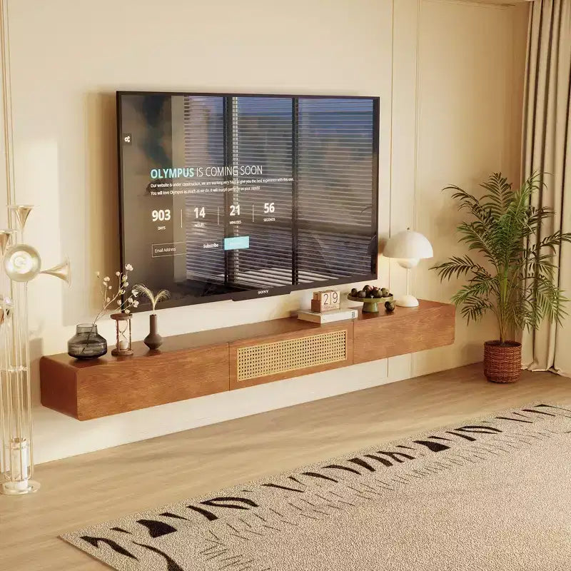 Luck Live Mid-Century Modern 78.74 Inch Floating TV Stand Wall Mounted Media Console with Rattan Door and Drawer