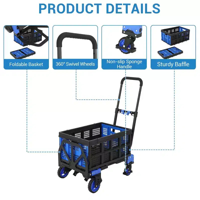 Foldable Hand Truck Dolly, 2-in-1 Convertible Collapsible Cart W/ Foldable Basket & Retractable Handle, Portable for Warehouse, Grocery Shopping