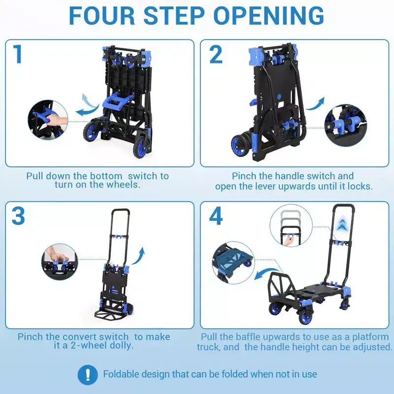 Foldable Hand Truck Dolly, 2-in-1 Convertible Collapsible Cart W/ Foldable Basket & Retractable Handle, Portable for Warehouse, Grocery Shopping