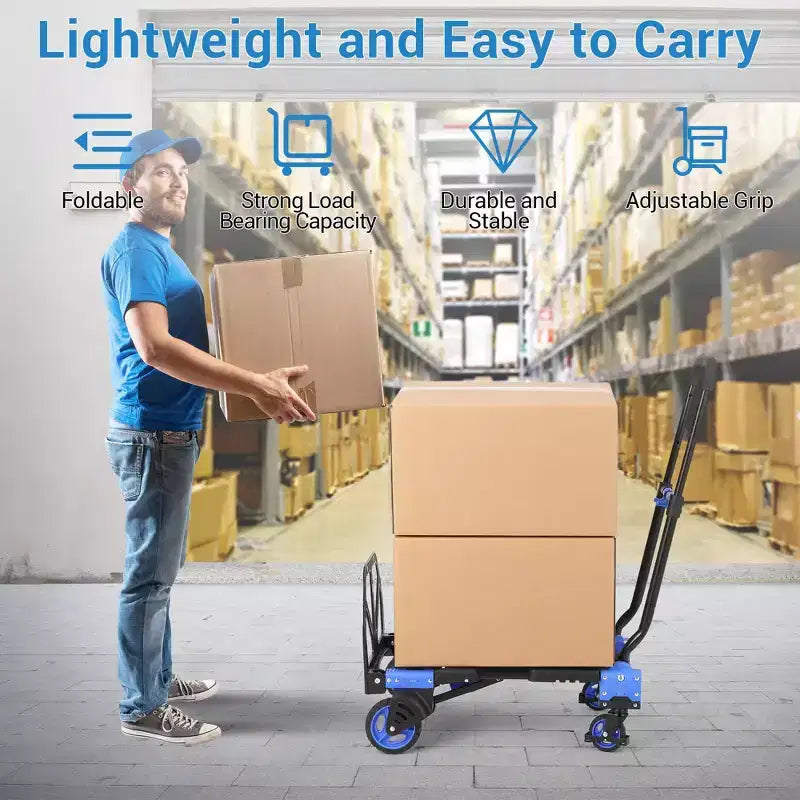 Foldable Hand Truck Dolly, 2-in-1 Convertible Collapsible Cart W/ Foldable Basket & Retractable Handle, Portable for Warehouse, Grocery Shopping