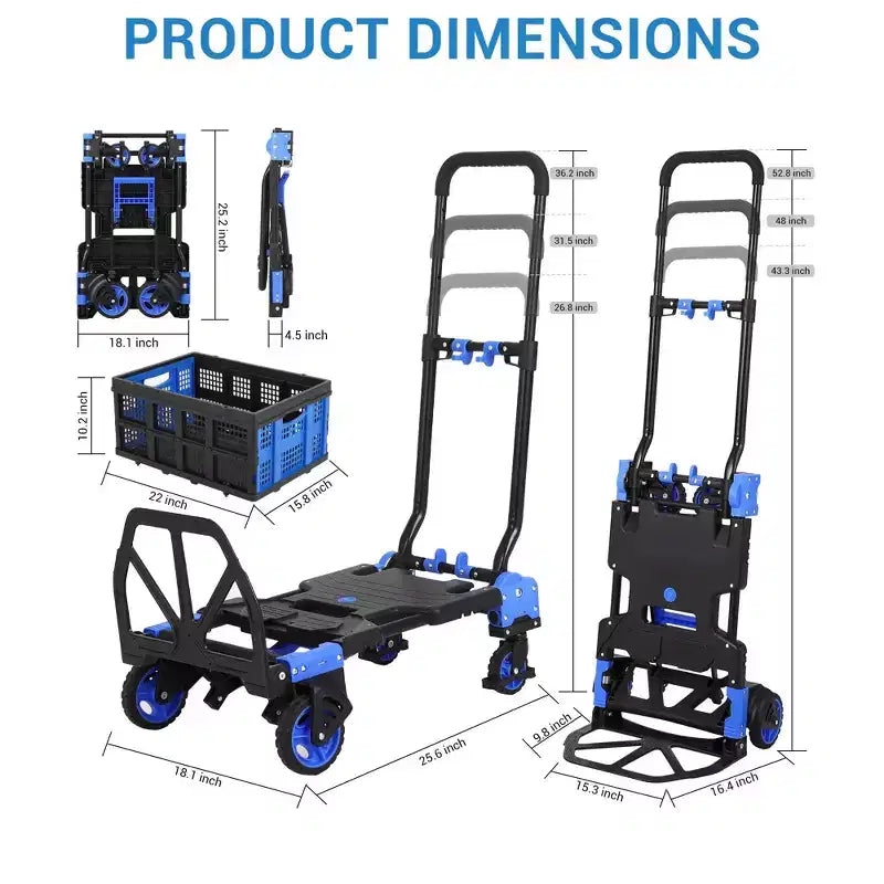 Foldable Hand Truck Dolly, 2-in-1 Convertible Collapsible Cart W/ Foldable Basket & Retractable Handle, Portable for Warehouse, Grocery Shopping