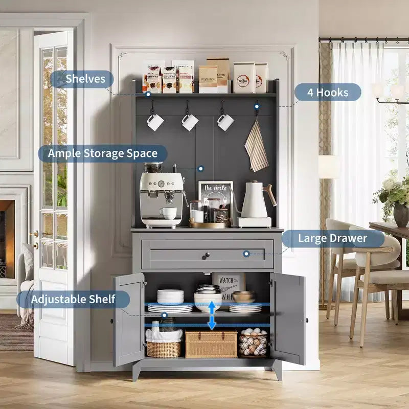 COZONY 63 Kitchen Pantry Cabinet with Hooks, Drawer & Adjustable Shelves Coffee Bar Storage Cabinet for Dining Room Living Room