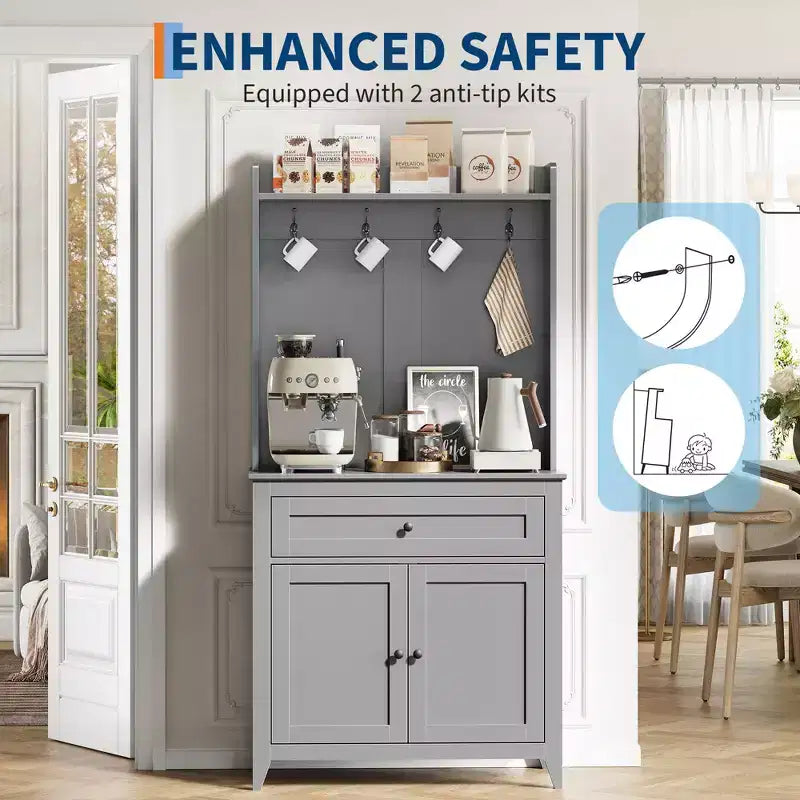 COZONY 63 Kitchen Pantry Cabinet with Hooks, Drawer & Adjustable Shelves Coffee Bar Storage Cabinet for Dining Room Living Room