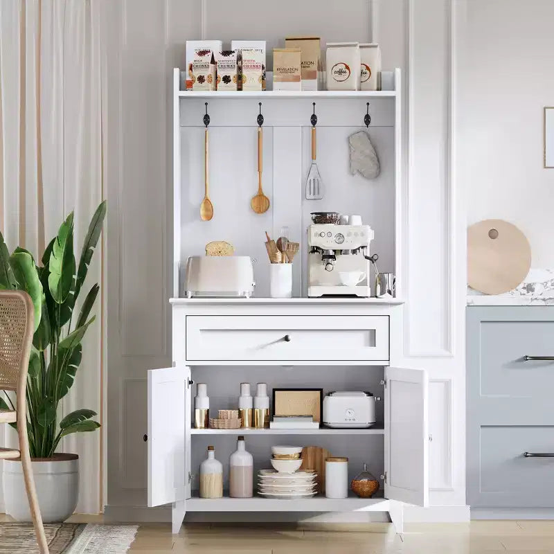 COZONY 63 Kitchen Pantry Cabinet with Hooks, Drawer & Adjustable Shelves Coffee Bar Storage Cabinet for Dining Room Living Room
