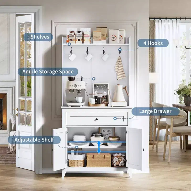 COZONY 63 Kitchen Pantry Cabinet with Hooks, Drawer & Adjustable Shelves Coffee Bar Storage Cabinet for Dining Room Living Room