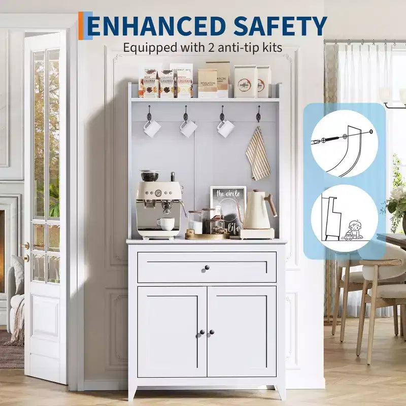 COZONY 63 Kitchen Pantry Cabinet with Hooks, Drawer & Adjustable Shelves Coffee Bar Storage Cabinet for Dining Room Living Room