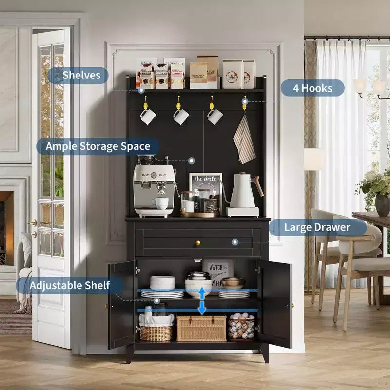 COZONY 63 Kitchen Pantry Cabinet with Hooks, Drawer & Adjustable Shelves Coffee Bar Storage Cabinet for Dining Room Living Room