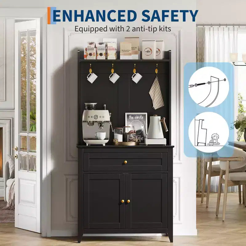 COZONY 63 Kitchen Pantry Cabinet with Hooks, Drawer & Adjustable Shelves Coffee Bar Storage Cabinet for Dining Room Living Room