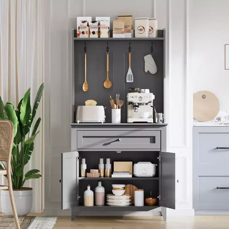 COZONY 63 Kitchen Pantry Cabinet with Hooks, Drawer & Adjustable Shelves Coffee Bar Storage Cabinet for Dining Room Living Room