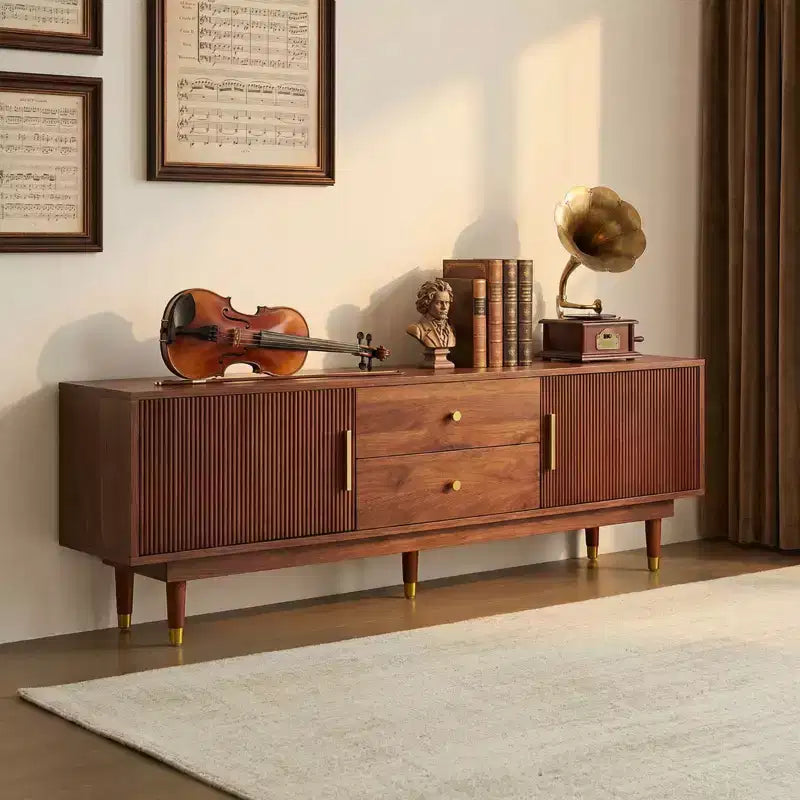 JVNOXK 66.9-inch Mid-Century Modern Entertainment Center, Walnut TV Console with Two Storage Drawers, Suitable for Living Rooms and Bedrooms