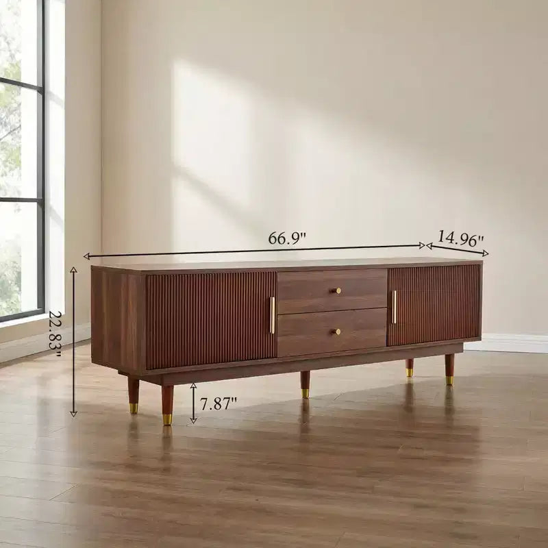 JVNOXK 66.9-inch Mid-Century Modern Entertainment Center, Walnut TV Console with Two Storage Drawers, Suitable for Living Rooms and Bedrooms