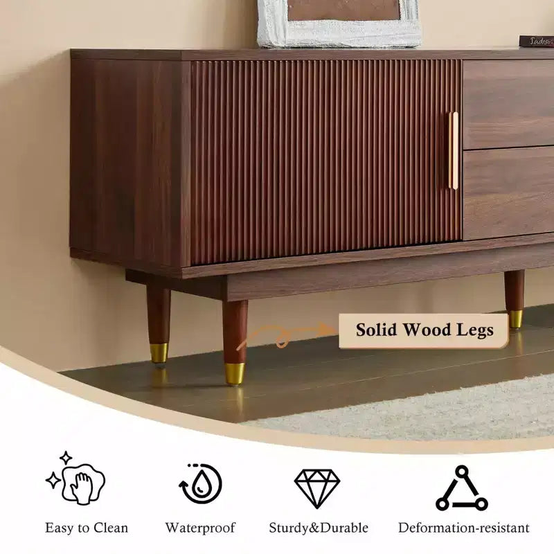 JVNOXK 66.9-inch Mid-Century Modern Entertainment Center, Walnut TV Console with Two Storage Drawers, Suitable for Living Rooms and Bedrooms