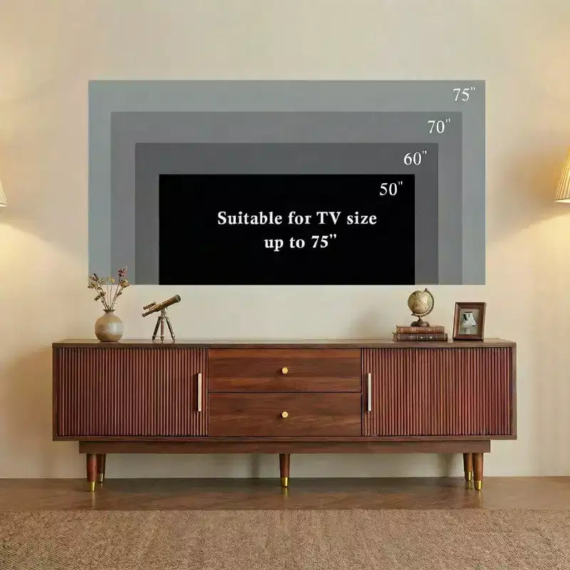 JVNOXK 66.9-inch Mid-Century Modern Entertainment Center, Walnut TV Console with Two Storage Drawers, Suitable for Living Rooms and Bedrooms