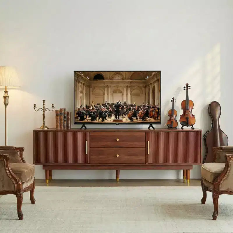 JVNOXK 66.9-inch Mid-Century Modern Entertainment Center, Walnut TV Console with Two Storage Drawers, Suitable for Living Rooms and Bedrooms