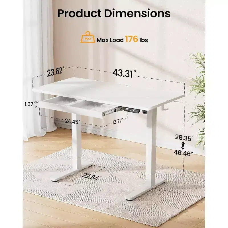 ErGear 44X24 Electric Standing Desk with Drawers, Height Adjustable Desk with 4 Preset Heights, Ergonomic Rising Home Office Computer Table, White