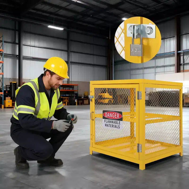 31x30x35 Inch Hazardous Storage Cabinets Lockable Heavy-Duty for 4 Propane Cylinders OSHA-Compliant Gas Tank Cage Anti-Slip Guardrails Yellow Steel