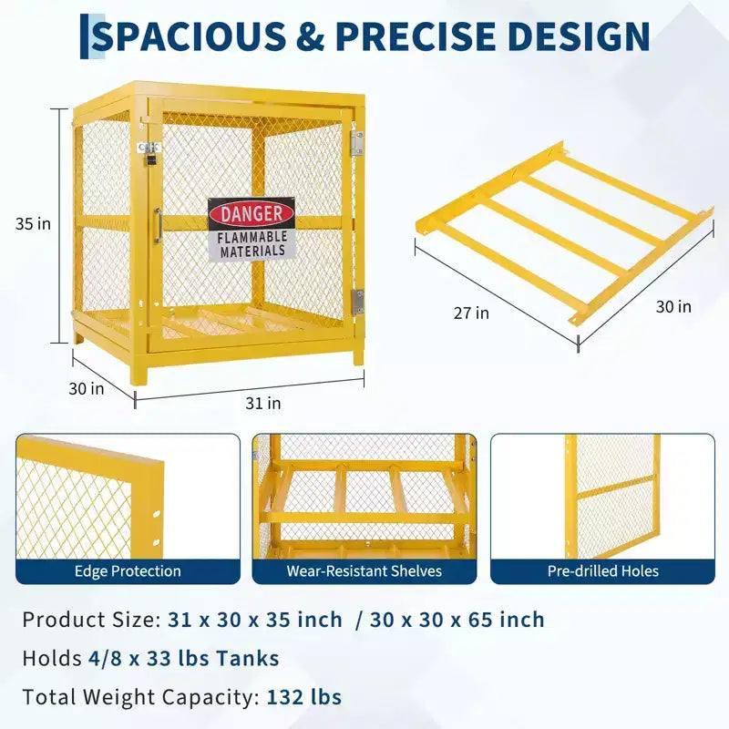31x30x35 Inch Hazardous Storage Cabinets Lockable Heavy-Duty for 4 Propane Cylinders OSHA-Compliant Gas Tank Cage Anti-Slip Guardrails Yellow Steel