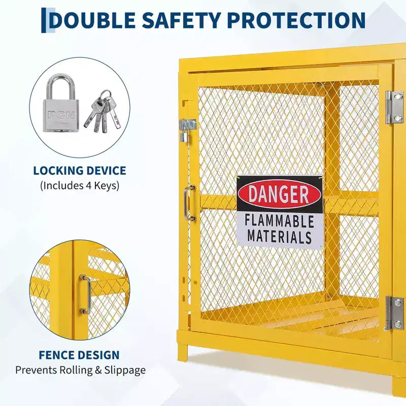 31x30x35 Inch Hazardous Storage Cabinets Lockable Heavy-Duty for 4 Propane Cylinders OSHA-Compliant Gas Tank Cage Anti-Slip Guardrails Yellow Steel