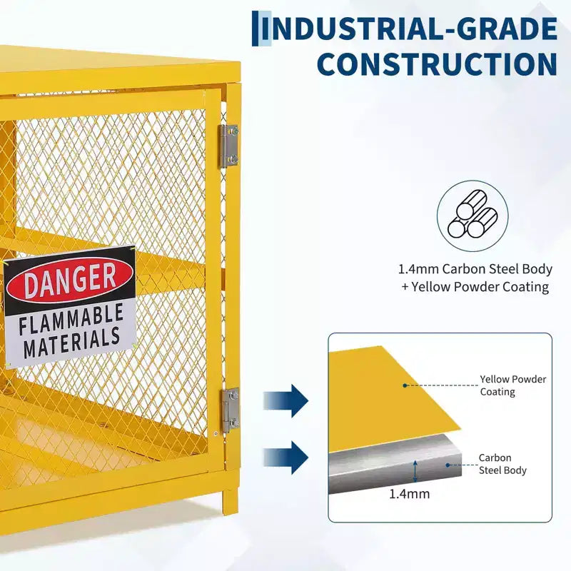 31x30x35 Inch Hazardous Storage Cabinets Lockable Heavy-Duty for 4 Propane Cylinders OSHA-Compliant Gas Tank Cage Anti-Slip Guardrails Yellow Steel