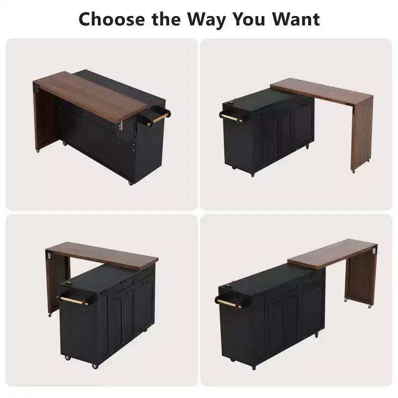 FAMYYT 102.3 Kitchen Rolling Island Cart with Extendable Dining Table, Trash Storage Cabinet, 3-Tier Pull-Out Spice Rack, 2 Drawers