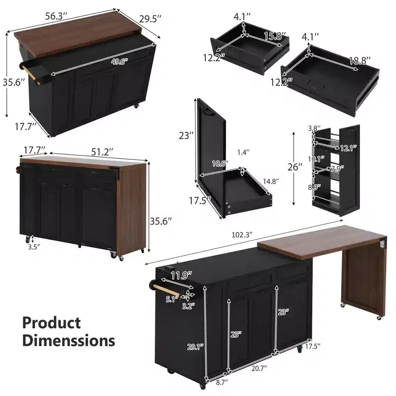 FAMYYT 102.3 Kitchen Rolling Island Cart with Extendable Dining Table, Trash Storage Cabinet, 3-Tier Pull-Out Spice Rack, 2 Drawers